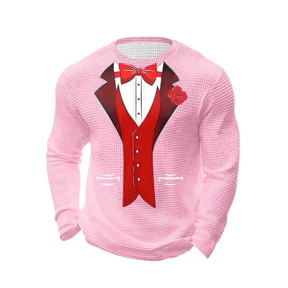 Classic Tuxedo Red Rose Long Sleeve Shirt Funny Party Costume Shirt Men's Waffle Knit Crew Neck Print Top