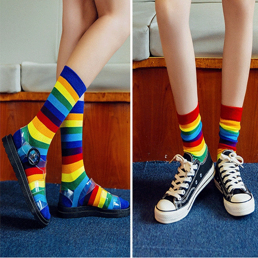New fashion popular ankle socks rainbow striped stockings cute trend cartoon cotton breathable