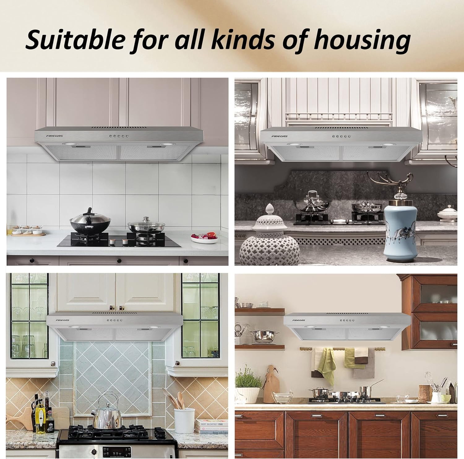 FIREGAS Under Cabinet Range Hood 30 inch with Brushless DC Motor, LED Light, 3 Speed Exhaust Fan, Reusable Aluminum Filters, Push Button,Stainless Steel Range Hood,with Charcoal Filter