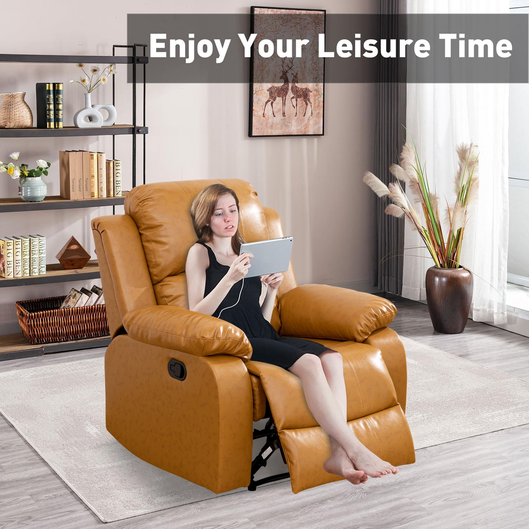 Aukfa Leather Recliner Chair, 38" Overstuffed Armchair Living Room Read Chair for Adults, Ginger