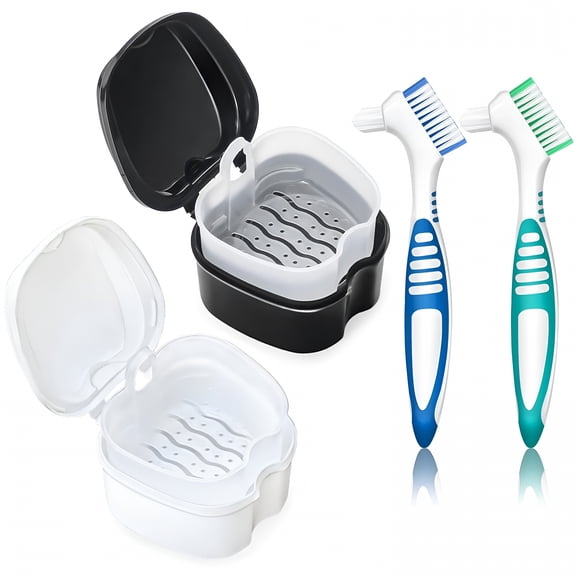 ACDANC 2 Pack Denture Cup Denture Bath Holder Case with Strainer Basket,Dental Retainer Cleaner Case False Teeth Container Denture Bath Soaking Cup with 2 Brushes