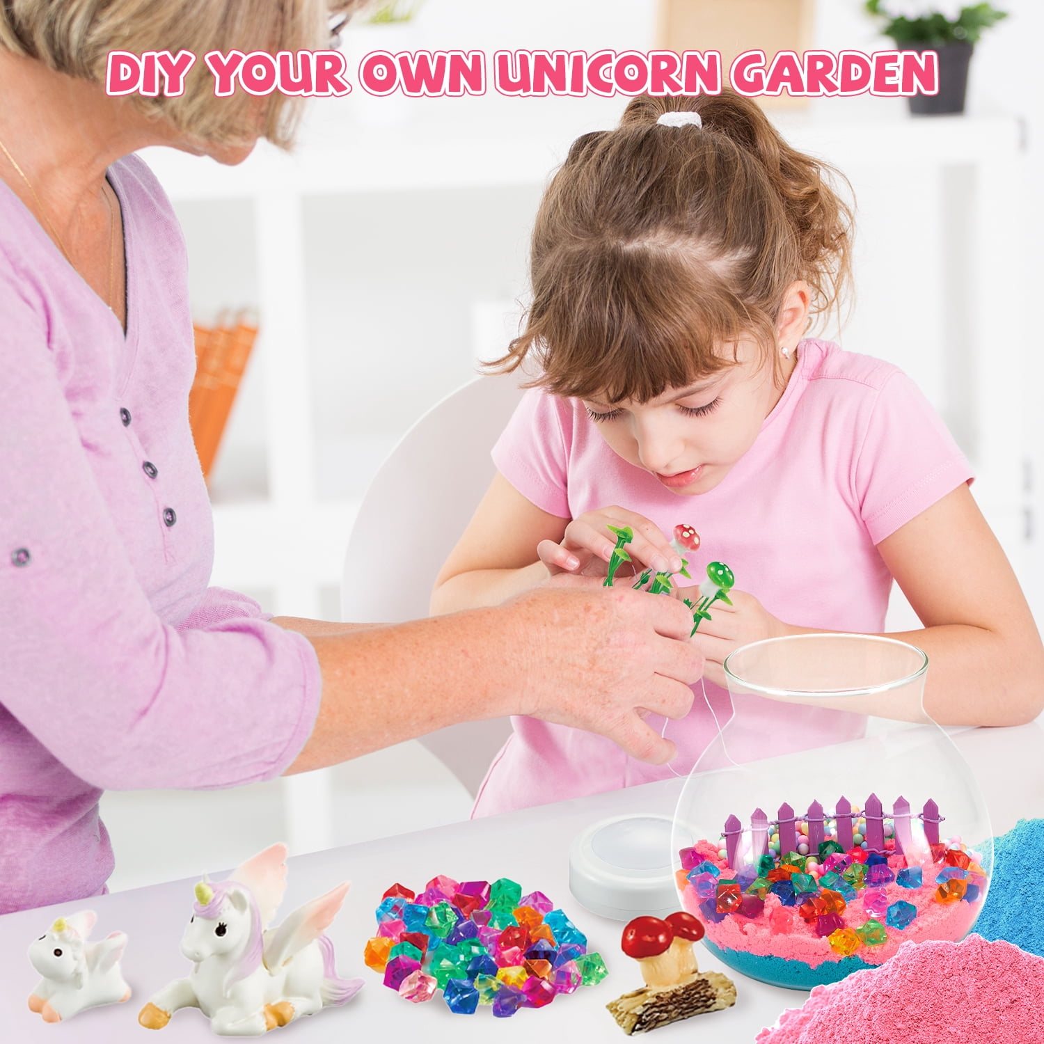 Flooyes Unicorn Toy for Girls 3 4 5 6 7 8+ , DIY Terrarium Kit for Kids, Art& Crafts Kit, Colorful LED Night Light Birthday  Gift for Kids 3-6 Years