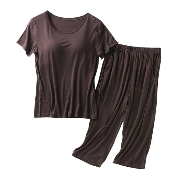 Ensemble de Pyjama Capri en Modal pour Femmes 2 Pcs Manches Courtes avec Soutien-Gorge Intégré Chemise de Nuit et Shorts Longueur Genou Vêtements de Maison Doux (Moyen, Café)