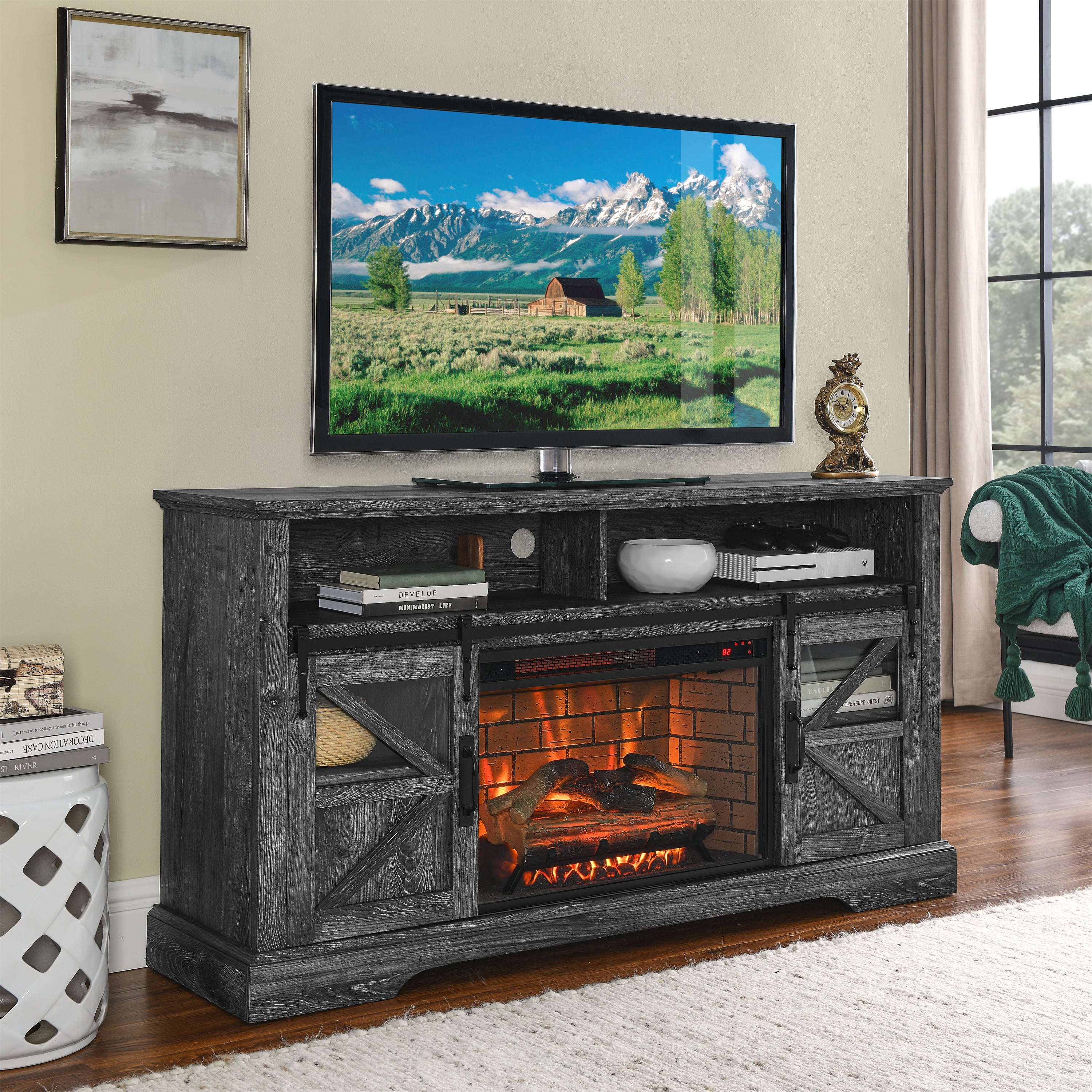 Holaki 60 Inch Electric Fireplace Entertainment Center With Door Sensor-Dark Rustic Oak