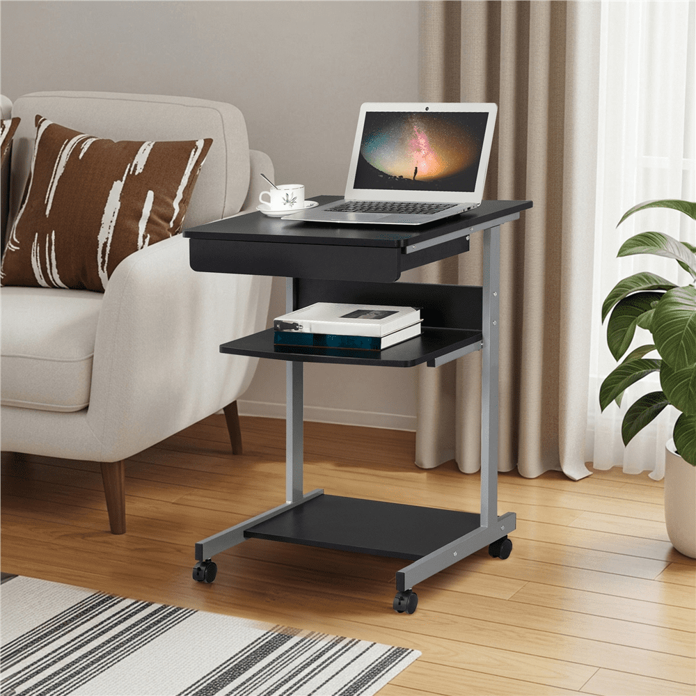 Renwick 3 Tier Mobile Computer Desk Cart, Black/Grey
