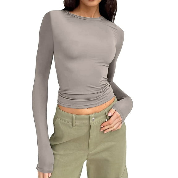 Towmus Womens Long Sleeve Shirts Crop Tops Crew Neck Going Out Basics Tees Trendy Winter Clothes
