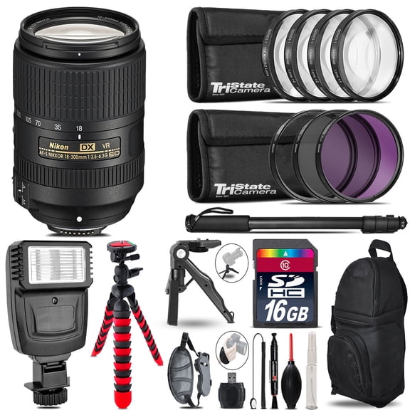 Nikon DX 18-300mm VR + Slave Flash + MACRO, UV-CPL-FLD - 16GB Accessory Bundle (International Version)