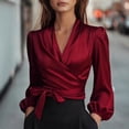 thumbnail image 2 of Silk Blouse for Women Elegant Wrap Satin Shirt Sexy Criss Cross Neck Long Sleeve Tie Waist Office Cocktail Formal Top Wine 2XL, 2 of 5