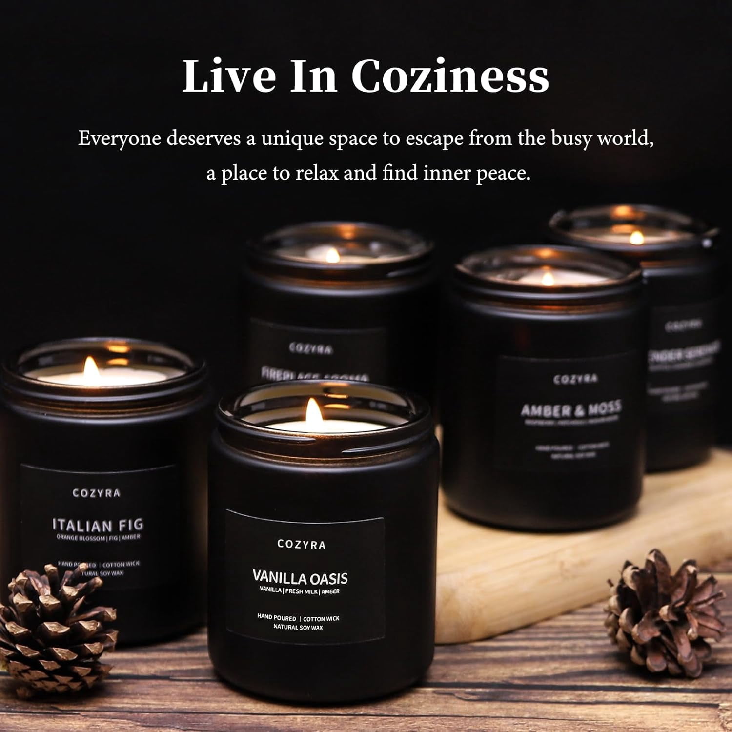Scented Candles Men Vanilla Candle for Home Soy Candles Gifts for Men Clean Burning Long Lasting Candles Scents of Leather/Oak/Lavender/Smoke & Vanilla Help Sleep, 7.6oz-Black Jar