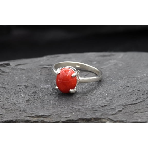 Red Coral Ring, Natural Coral, Solitaire Ring, Promise Ring, Simple Ring, Red Oval Ring, 3 Carat Ring, Proposal Ring, Solid Silver Ring