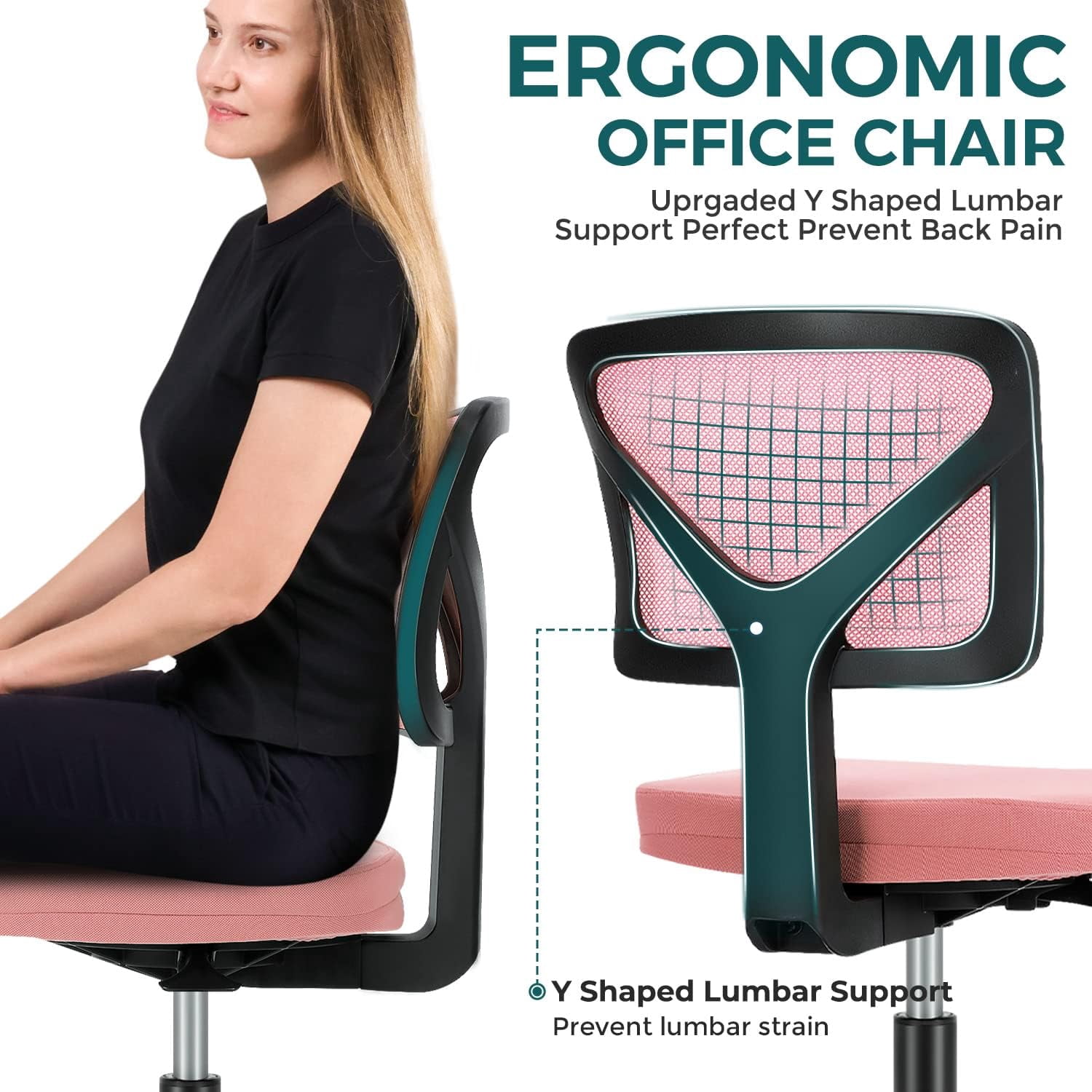 Armless Mesh Office Chair, Ergonomic Low-Back Swivel Desk Chair with Wheels and Lumbar Support, Height Adjustable, Pink