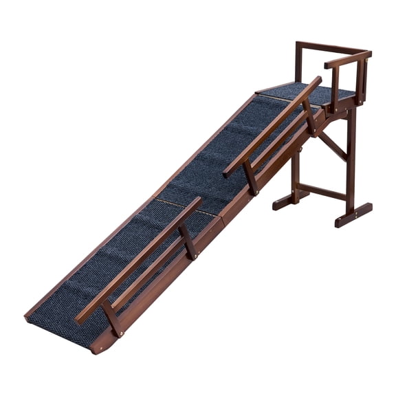 KFFKFF 74" Wooden Dog Ramp with Gentle 22° Slope, Side Rails, Non-Slip Felt Surface, and Top Platform, Supports Pets up to 200 lbs, Ideal for Small & Older Dogs to Access Beds or Sofas