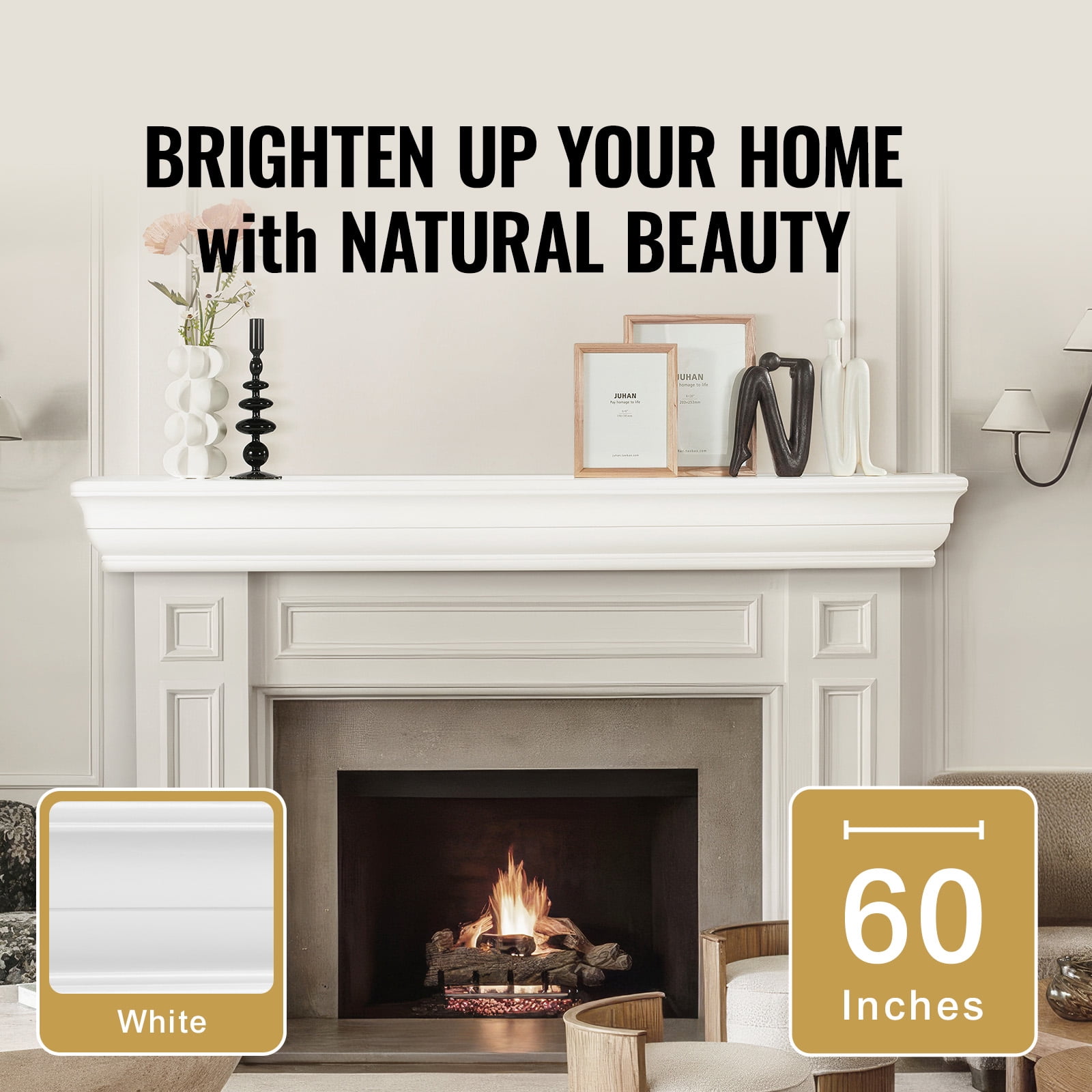 KFFKFF Wall Mantel, Dimensions: 60"x8"x5", Supports up to 50 lbs, Crafted from Natural Wood for Fireplace Overlay, Floating Shelf Design in Farmhouse Style, Artisanal White Fireplace Shelf