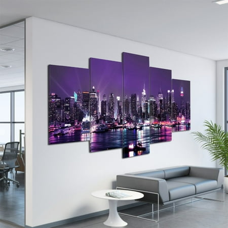 5 Pcs Cityscape Canvas Wall Art Decor Picture Simple Fashion Decorative Painting Wall Painting New York Picture Wall Decor for Living Room Bedroom Home Office Decoration,40"x20", Purple