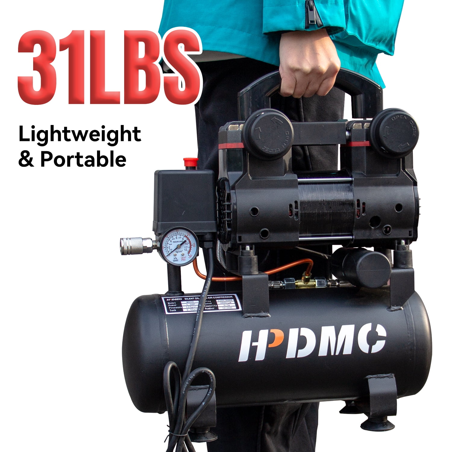 HPDMC Portable Oil-Free Air Compressor 120L/min 115psi, 110V 1-Phase with 2.5 Gallon Tank for Home, Garage & Workshop