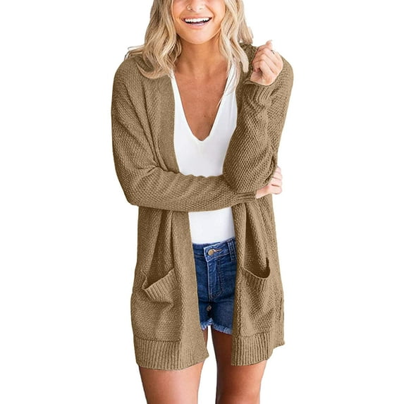 Pockets Round Neck Outwear Long Cable Knitted Sweater Solid Color Cardigan Autumn Women Coat Fashion Loose Knitwear Open Front Warm Pullover