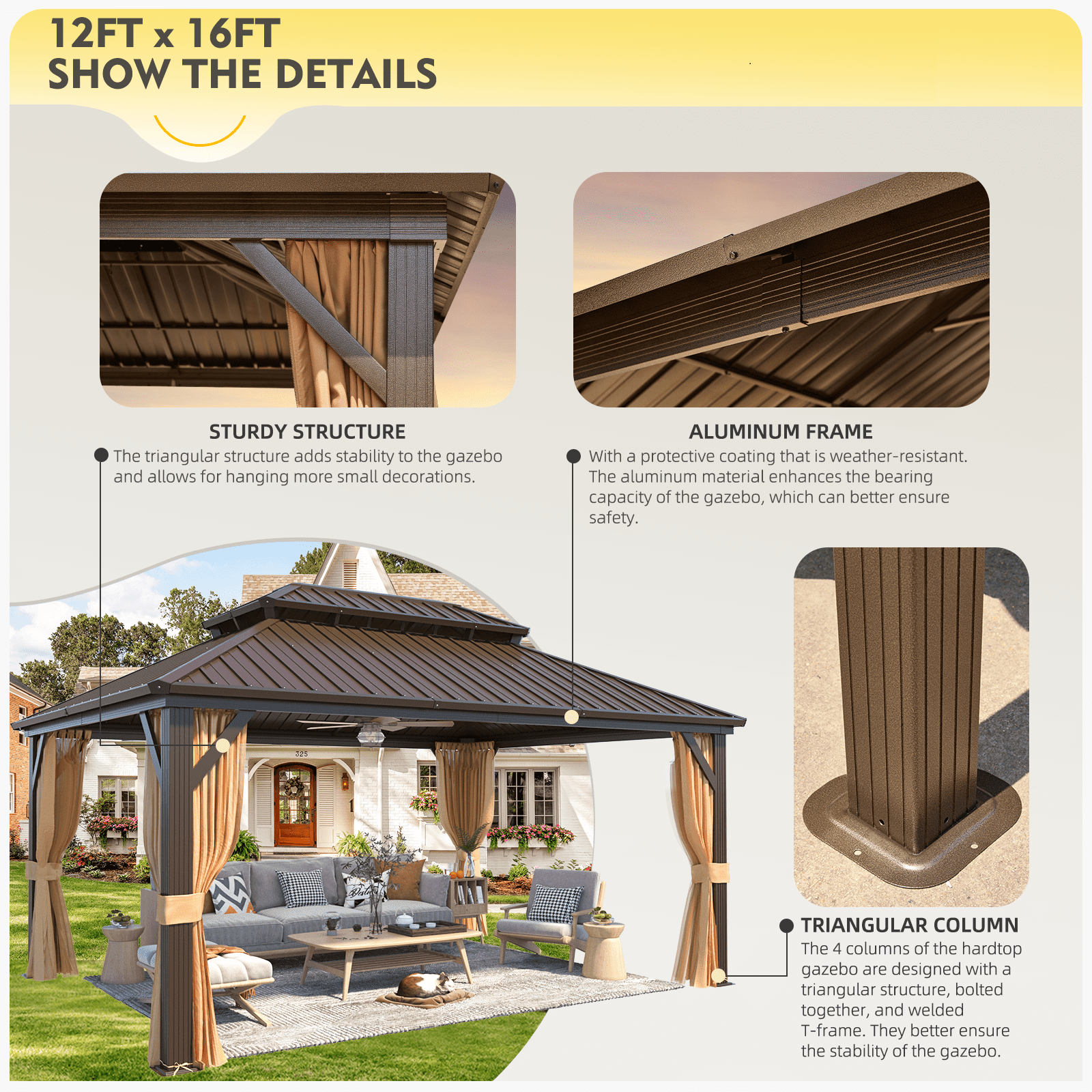 Hommow 12' x 16' Hardtop Gazebo Aluminum Frame Gazebo with Galvanized Steel Double Roof