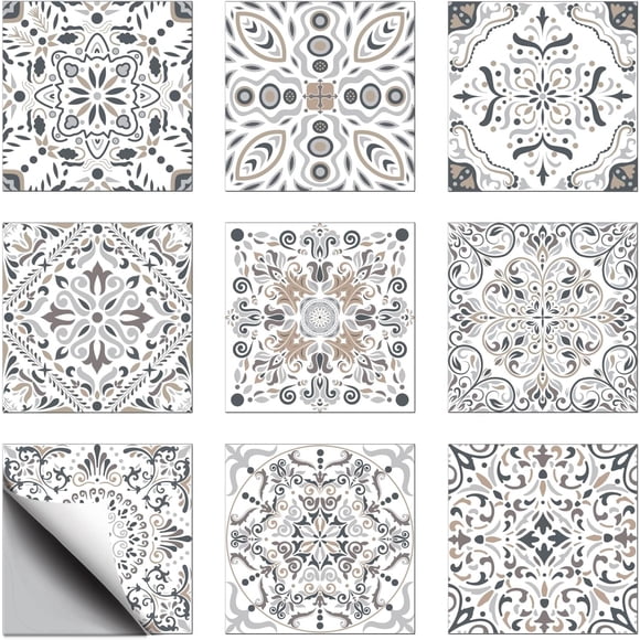 18pcs 9 Styles Retro Geometric Pattern Tile Stickers Waterproof Tile Stickers Square with Flower Pattern for Kitchen Bathroom Bedroom Wall Floor Decoration Floral 6X 6inch