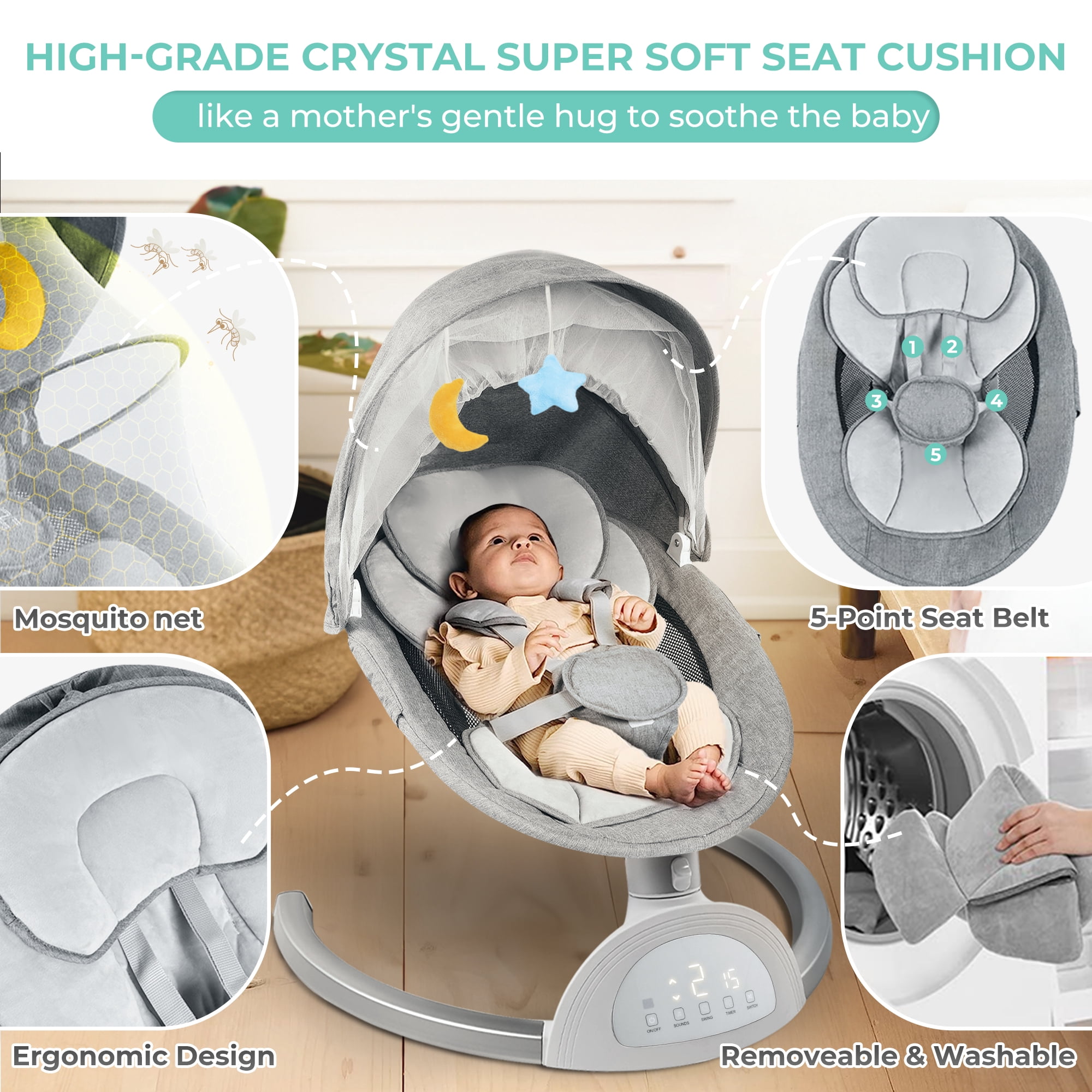 Baby Swing for Infant, HDJ Portable Electric Baby Swing with Music Playing, Touch Screen, Remote Bluetooth Control, Grey