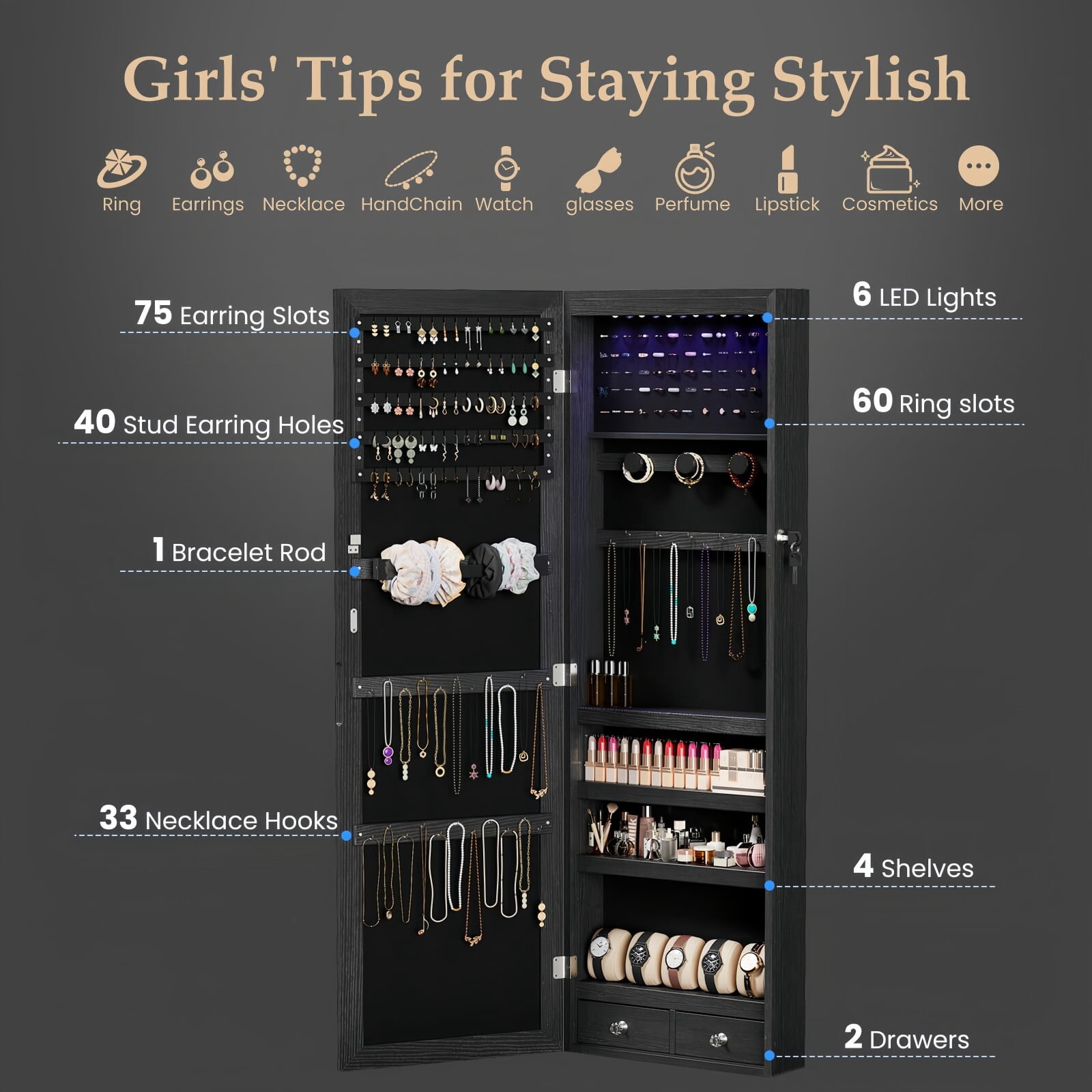 Kelno 47" Jewelry Armoire with HD Mirror LED Lights Wall/Door Mounted Jewelry Organizer Cabinet, Black