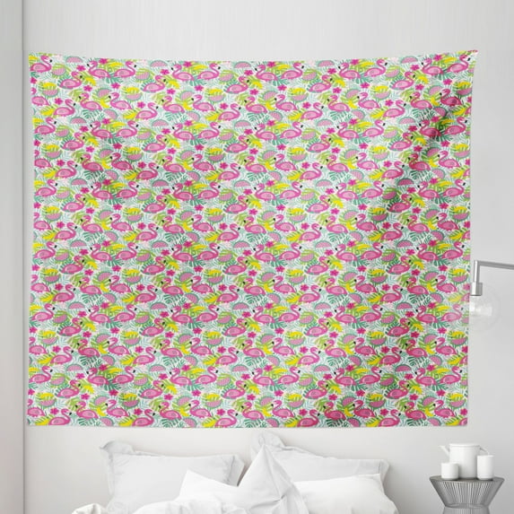Tropical Tapestry, Exotic Cartoon Pattern with Leaf Banana Watermelon Hibiscus and Happy Flamingo, Fabric Wall Hanging Decor for Bedroom Living Room Dorm, 5 Sizes, Multicolor, by Ambesonne
