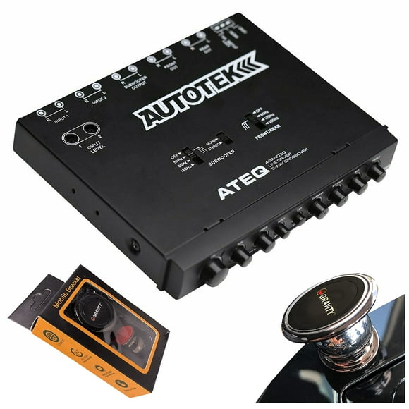 Autotek ATEQ Égaliseur Audio 4 Bandes avec Crossover Intégré, 1/2 DIN, Ré-Ajustement EQ avec Crossover Actif Avant/arrière avec Support de Téléphone Magnétique à Gravité