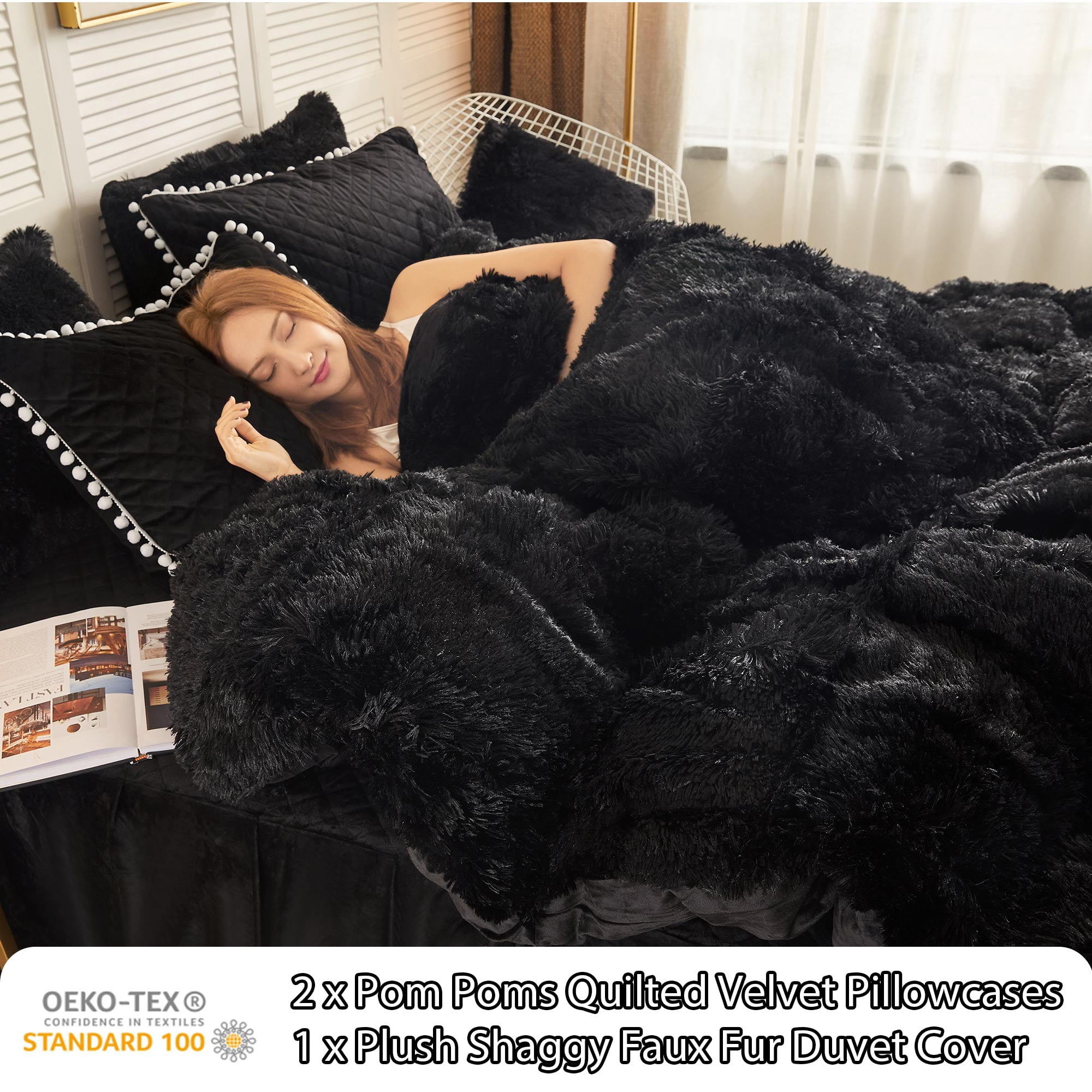 LIFEREVO Luxury Plush Shaggy Duvet Cover Set, Soft Velvet Fluffy Furry Duvet Cover Set(1 Faux Fur Fuzzy Comforter Cover + 2 Pom Poms Pillow Cases) Solid Bedding Set, Zipper Closure(Full/Queen, Black)