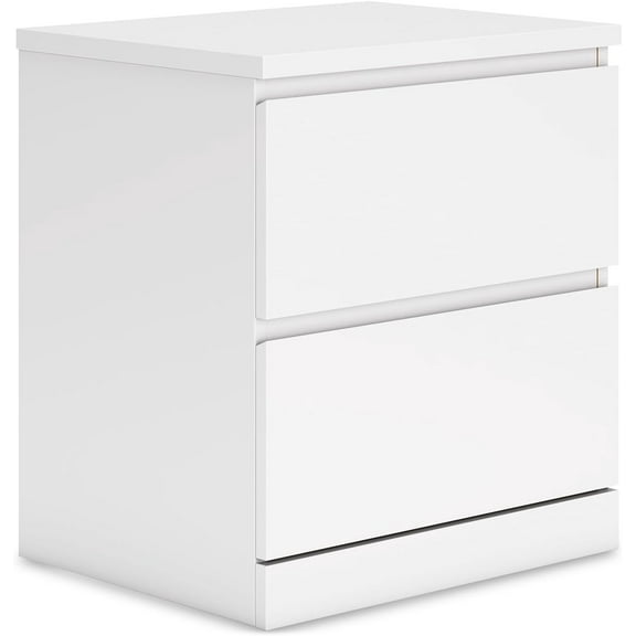 Modern style bedside table with two drawers, 21.75 inches tall, white.