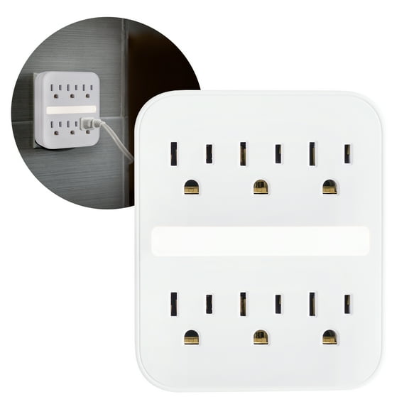 GE 6-Outlet Grounded Tap with LED Night Light, 440J, Light Sensing
