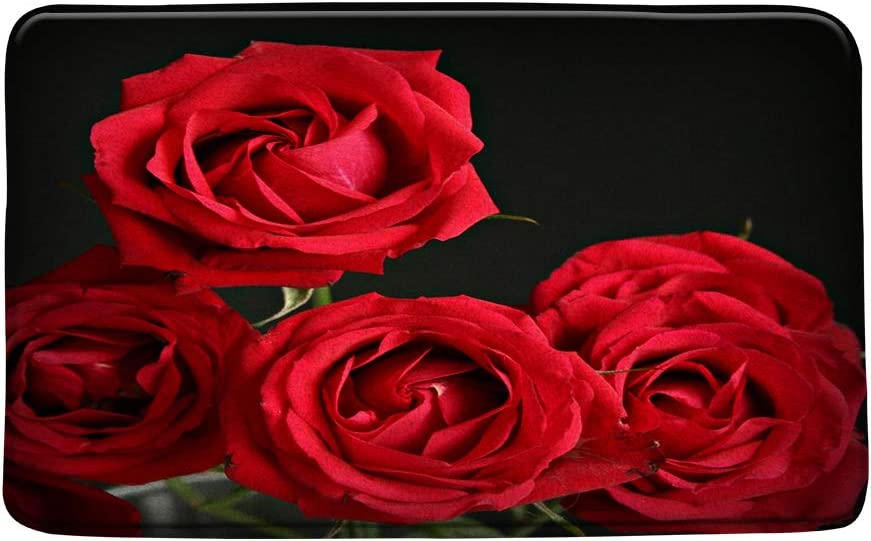 Red Rose Bath Mat,Romantic Floral Bloom Vintage Black Background Retro