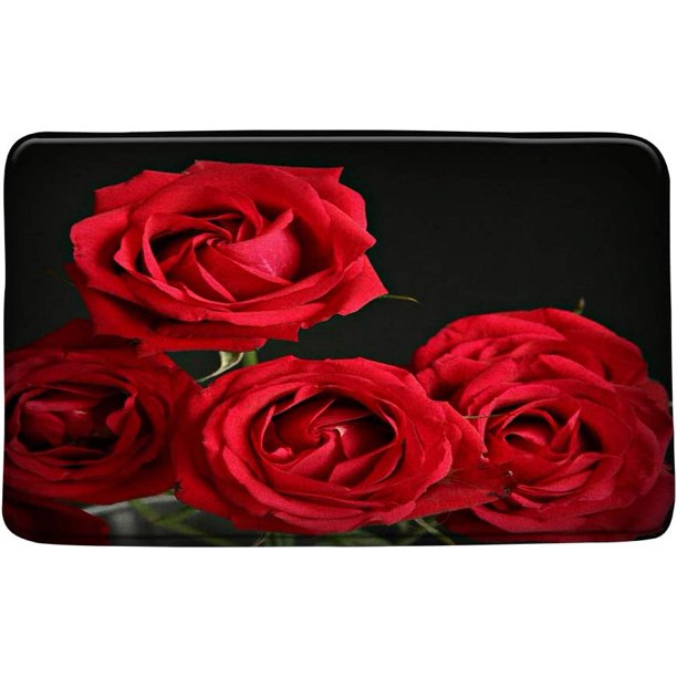 Red Rose Bath Mat,Romantic Floral Bloom Vintage Black Background Retro