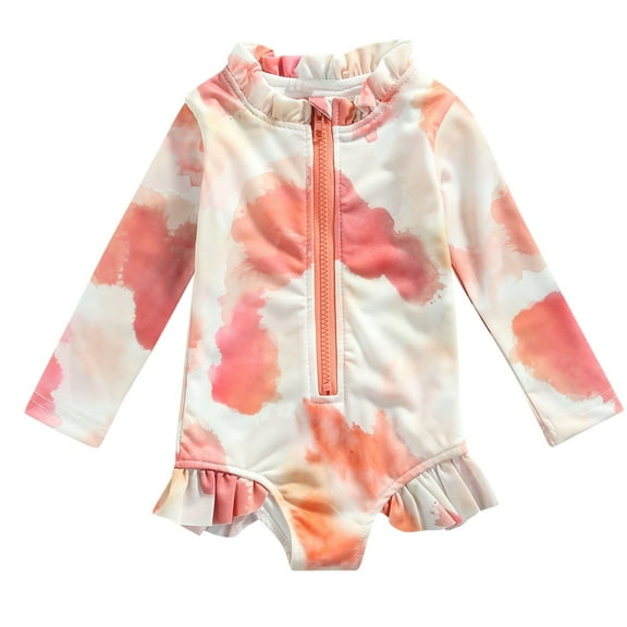 Ovbmpzd Zipper Baby Girl Swimsuit Newborn One-Piece Long Sleeve Cute Ruffled Tie-Dye Beachwear Swimwear Kids 18 Months