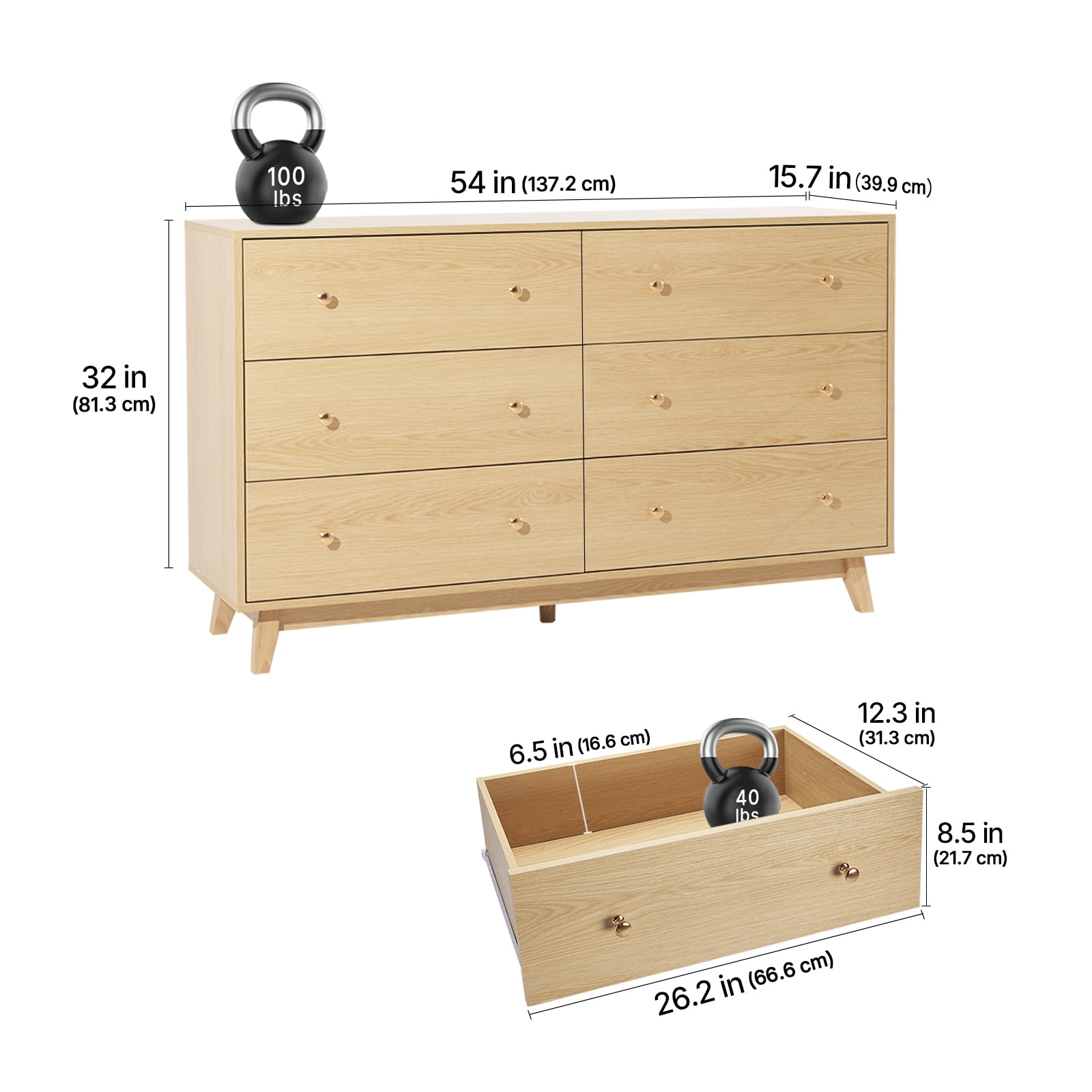KFFKFF 6 Drawer Wooden Dresser, Chest of Drawers with Sliding Mechanism and Anti-Tip Safety, Modern Minimalist Storage Organizer for Bedroom, Living Room, Hallway, or Entryway, Light Wood Finish