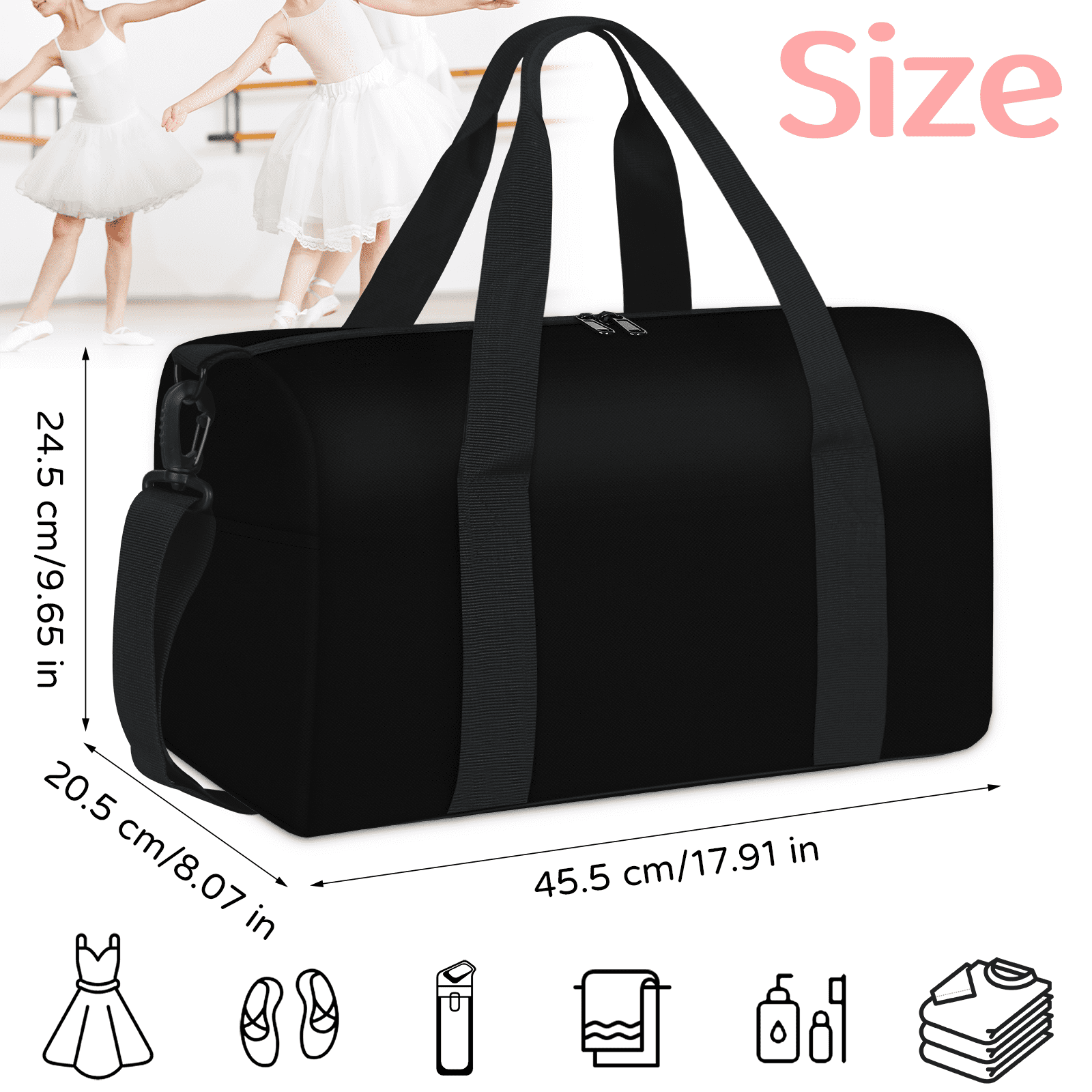Herdesigns Black Travel Duffle Bag Sports Yoga Weekender Overnight Carry on Workout Bags Lightweight Waterproof Gym Tote Bag for Women