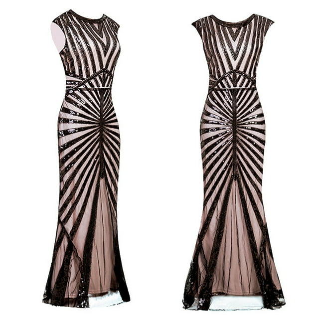Prolriy Robe de Cocktail Robe Vintage pour Femmes Années 1920 à Sequins Perles Franges Robe de Soirée Sans Manches Longue Maxi Robe de Soirée pour Femmes Robe de Réveillon Nouvel An 2025 Rose P