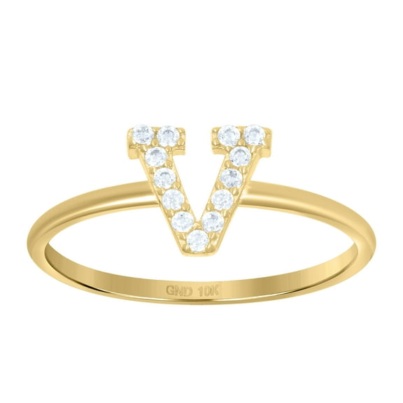 10kt Real Yellow Gold Womens Cubic Zirconia Initial Alphabet V Ring