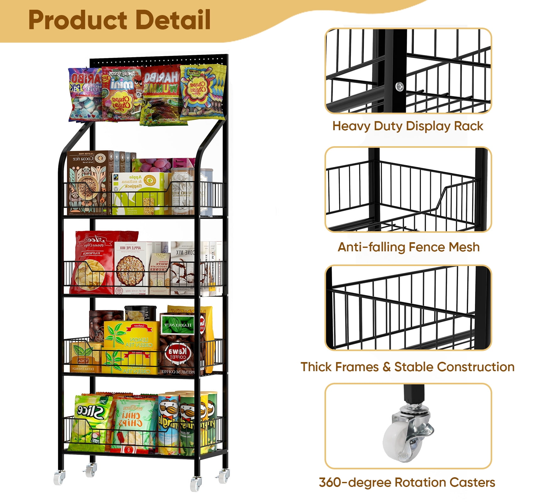 Petoto 4-Tier Retail Display Rack, 19.6 x 10.6 x 56.2 inches Snack Candy Rack, Metal Fruit Stand Storage Shelf with Wheels and 10 Hooks