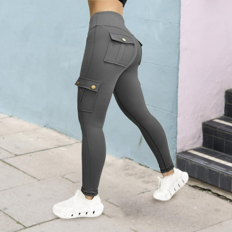 XFLWAM Butt Leggings with Pockets for Women High Waist Cargo Pants Work  Pants Gym Workout Leggings Gray L 