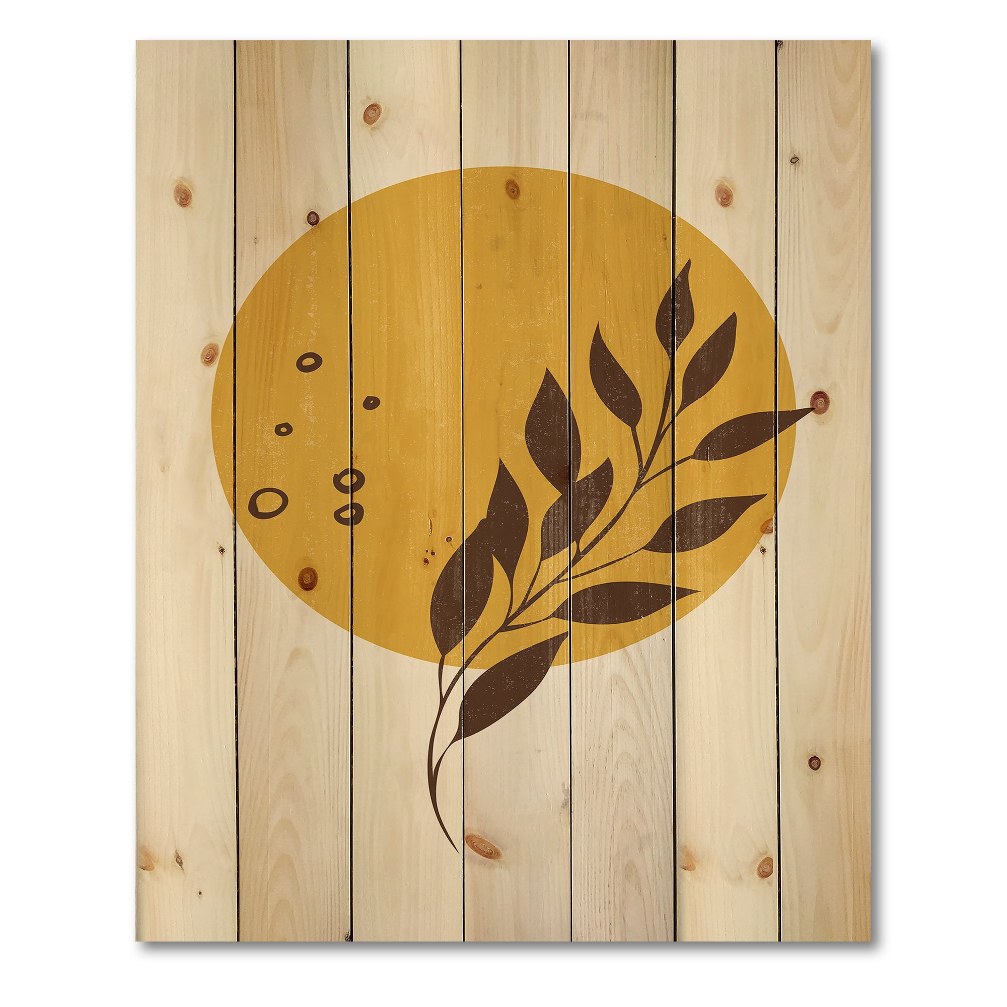 Designart 'Abstract Moon and Yellow Sun With Tropical Leaf II' Modern Print on Natural Pine Wood