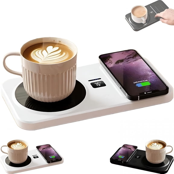 HIBIBUD 2-in-1 Coffee Mug Warmer & Wireless Phone Charger,3 Temperature Settings Drink Warmer with 8H Auto Shut-Off,Magnetic USB Charging Pad for Office Desk,Home