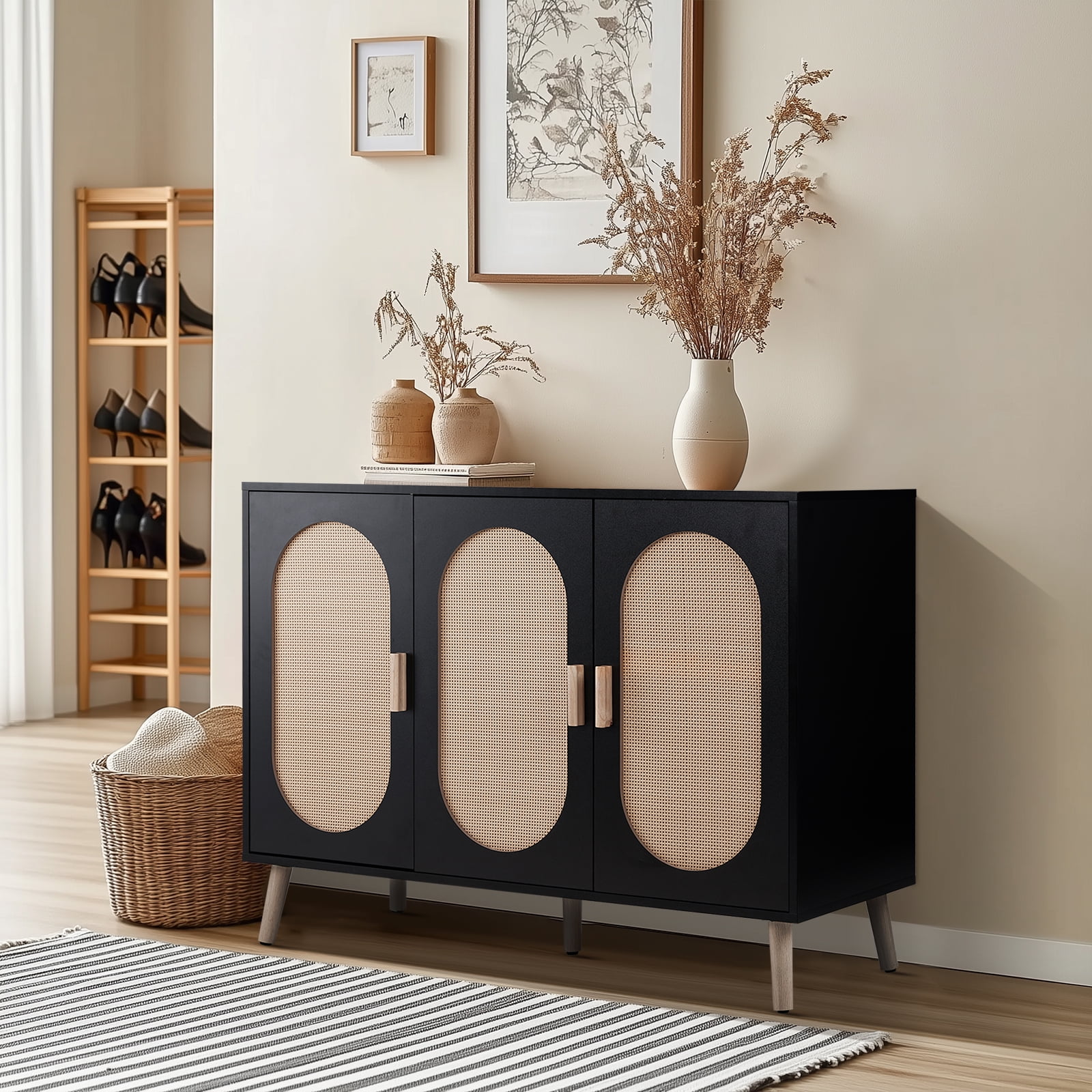 3-Door Rattan Shoe Cabinet, Black Frame Golden High-Leg Entrance Storage Cabinet with Adjustable Partitions, Oval Rattan Surface, Ample Storage for Shoes, Keys & Letters, Home Decor for Entryway