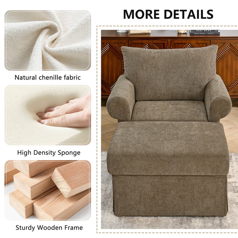 Oversized Single Sofa Chair w/ Ottoman Set, Chenille Accent Chaise Lounge, Modern Upholstered Armchair w/ Backrest Pillow