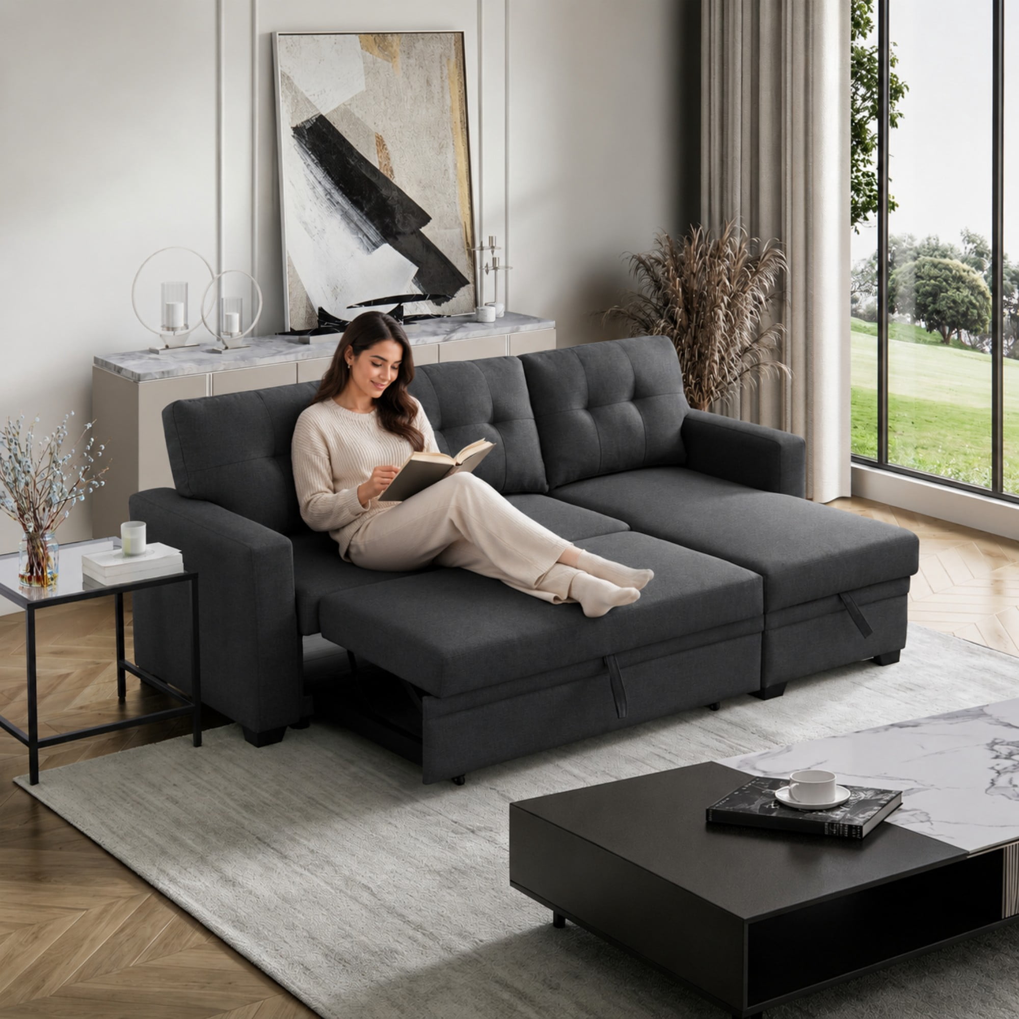 BSHTI 82" 3-Seat Linen Pull Out Sectional Sleeper Sofa with Storage Chaise, Removable Back Cushions for Living Room（Dark Gray）