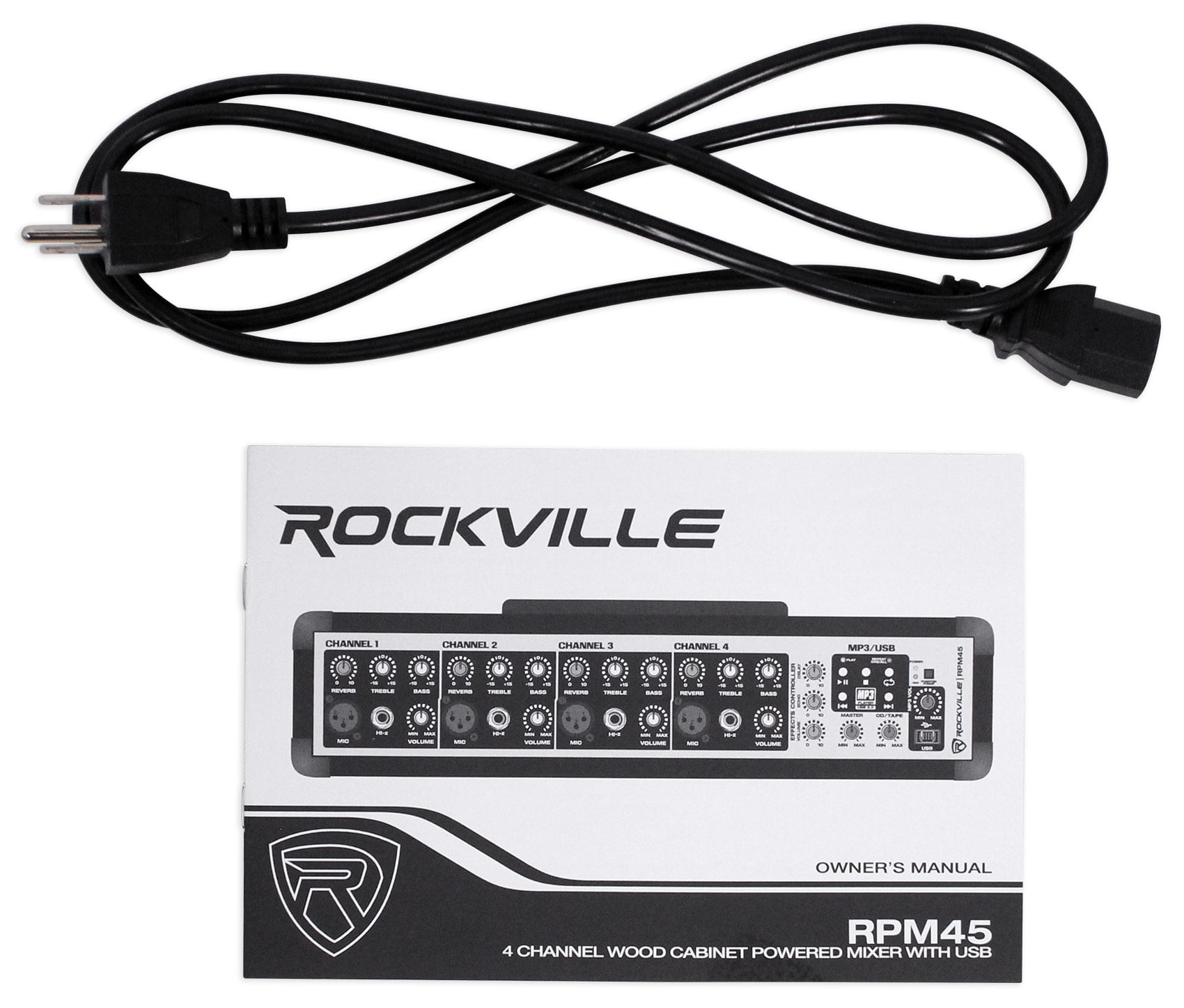 2) Rockville SPG88 8" 400w DJ PA Speakers 8-Ohm+Powered 4-Ch Mixer+Stands+Cables