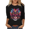 thumbnail image 2 of Mceream 3/4 Sleeve Mardi Gras Shirts Womens Holiday Tunic Tops Fashion Graphic Mask Carnival Themed Party Tshirts Casual Crewneck Blouses Clothes plus size outfit Black XXXXL, 2 of 6