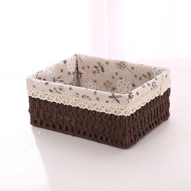 Cesta tejida de ratán para guardar cosméticos de escritorio Cesta tejida de ratán tejida con tela pastoral Cesta de almacenamiento