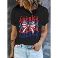 thumbnail image 1 of Women's Retro Casual Graphic Tee - "AMERICA" Print with American Flag Bow, Short Sleeve, Round Neck, Lightweight Polyester, Machine Washable, Summer Essential for Patriotic Outfits, American Flag Clo, 1 of 5