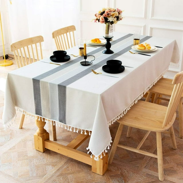 Mantel a rayas de tela simple, tapete de mesa a prueba de polvo de algodón y lino, mantel rectangular para decoración de la cocina del hogar (140 * 180 cm, gris/blanco)
