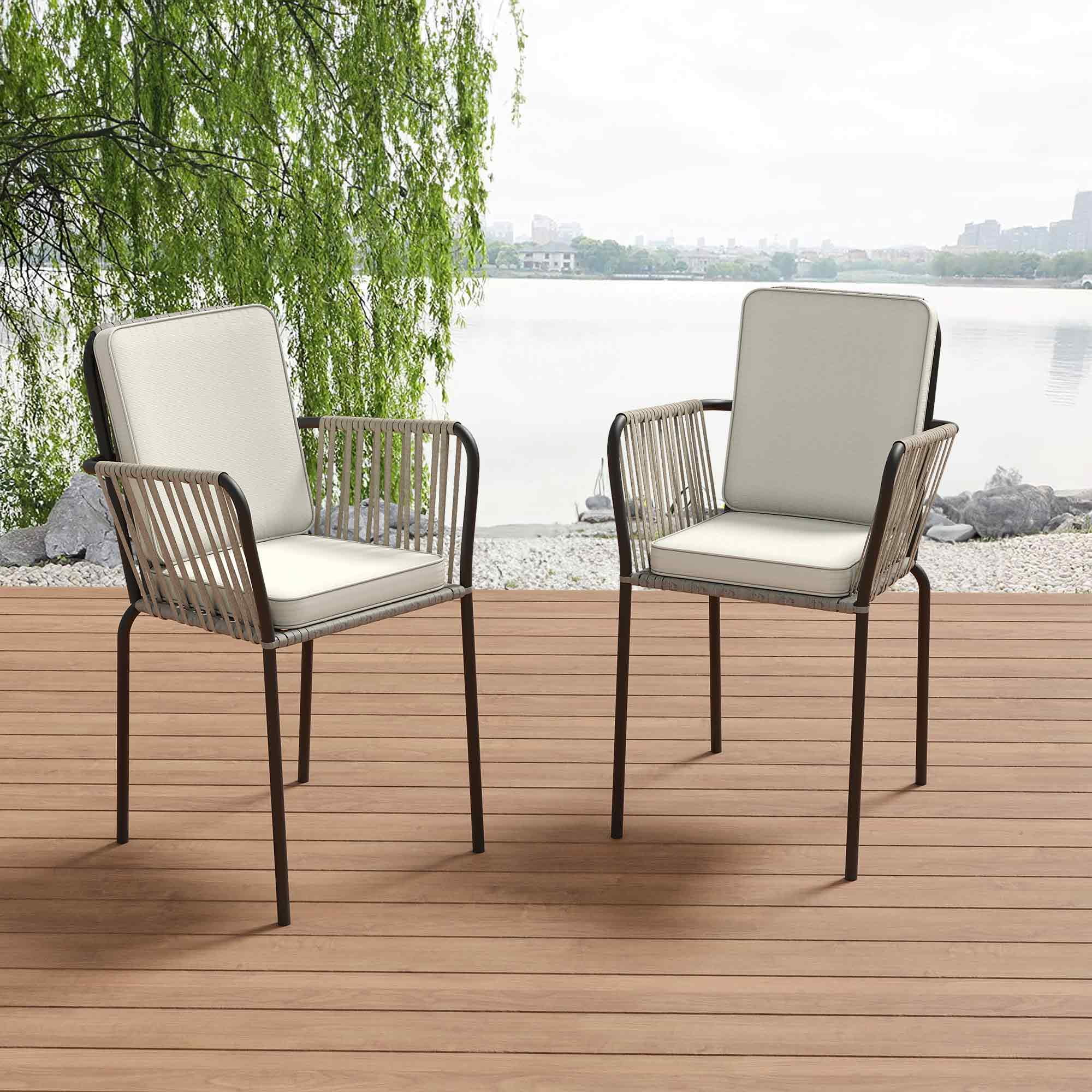 DEXTRUS Outdoor Dining Chair Set of 2, Rope Woven Design Bistro Chairs, Indoor-Outdoor Armchair Seating - Green and Grey