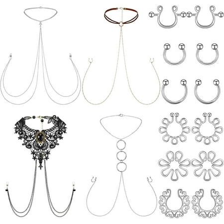 Srix 18 Pcs Fake Nipple Rings Non Piercing Bra Body Chain 316l Stainless Steel Non Piercing Nipple Rings for Women Adjustable Bra Body Jewelry Set A416